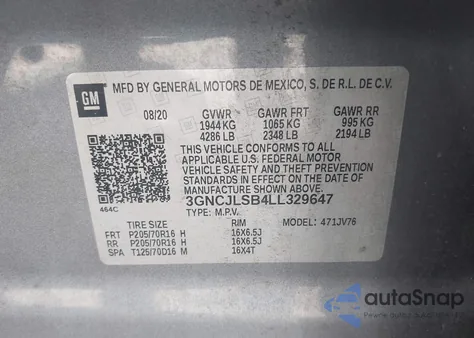 2020 Chevrolet Trax Fwd Lt z USA, uszkodzony, nr VIN 3GNCJLSB4LL329647